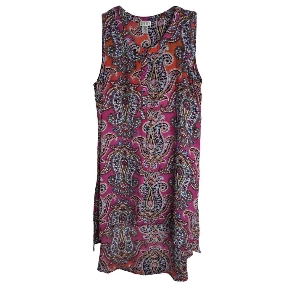 Spense Paisley Sleeveless Tunic Top Colorful Pink Ombre Boho Flowy Split Hem SzS